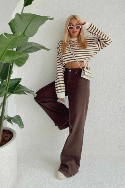 Trn JNS My Brown Lycra Super High Waist Loose Jeans Palazzo Pants. (ΥΠΕΡ ΥΨΗΛΟ) Φαρδύ πόδι