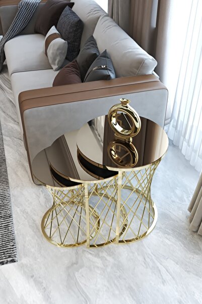HAUSEV Hasır C Model Zigon Sehpa (gold Hasır Bronz Ayna )