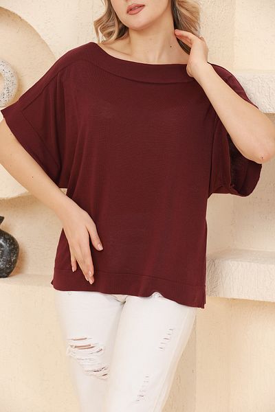 VEGENZE Γυναικεία Claret Red Boat Neck Oversize Λεπτή Πλεκτή Μπλούζα