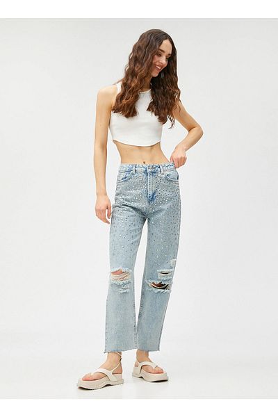Koton Pantaloni de damă cu talie normală Standard Light Indigo 3sal40060md