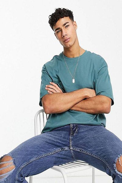 Buğraterzimoda Ανδρικό μπλουζάκι με χακί-βενζίνη μπλε Oversize Crew Neck 2 τεμαχίων Basic