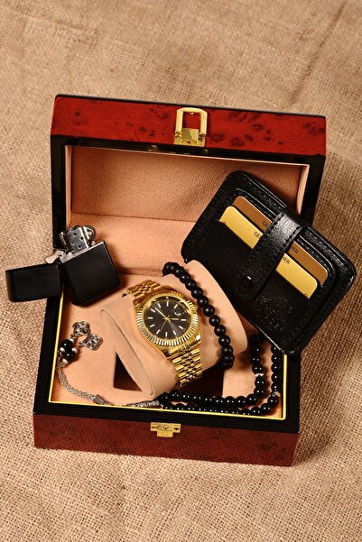 pierrose Gold Kartlık Tesbih Bileklik Çakmak Çelik Kol Saati Seti