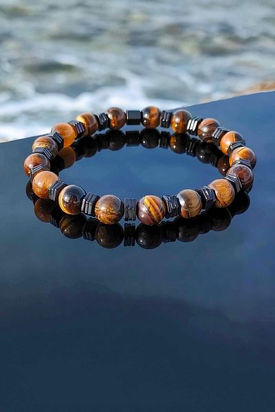 TREND COLLECTİON Tiger Eye And Hematite Natural Stone Adjustable Men's Bracelet