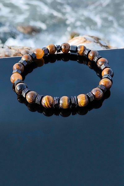 TREND COLLECTİON Tiger Eye And Hematite Natural Stone Adjustable Men's Bracelet
