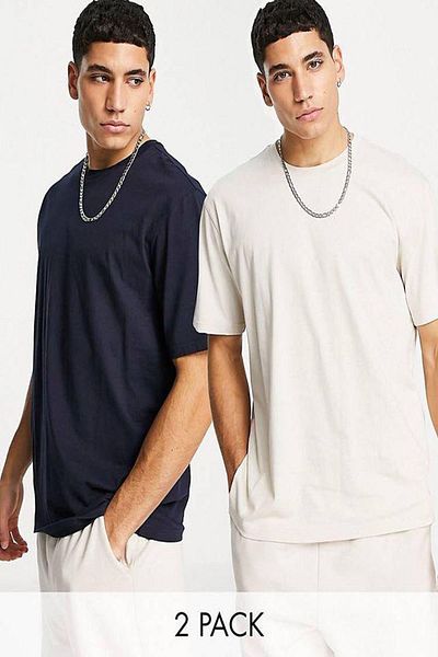 Buğraterzimoda Ανδρικό μπλουζάκι με μπλε-λευκό Oversize Crew Neck 2 τεμαχίων Basic