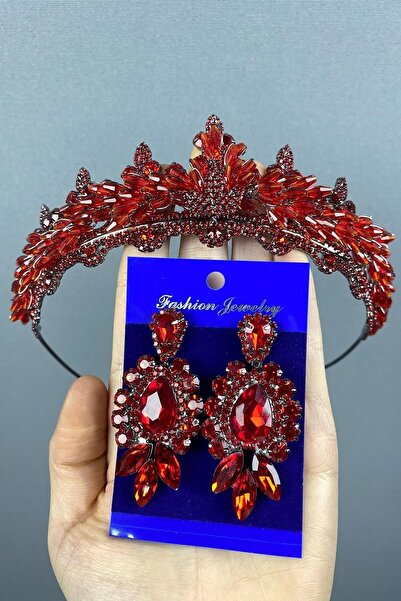 ESPEREST طقم تاج حناء زفاف من الكريستال الأحمر لينا وأقراط من حجر المكوك