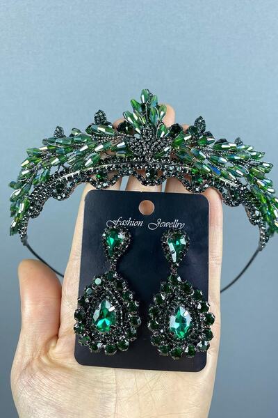 ESPEREST طقم تاج حناء زفاف من الكريستال الأخضر لينا وأقراط مرصعة بالأحجار