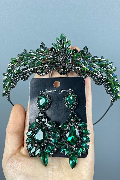 ESPEREST Set de coroană și cercei cu piatră de mireasă cu cristale Lena verde