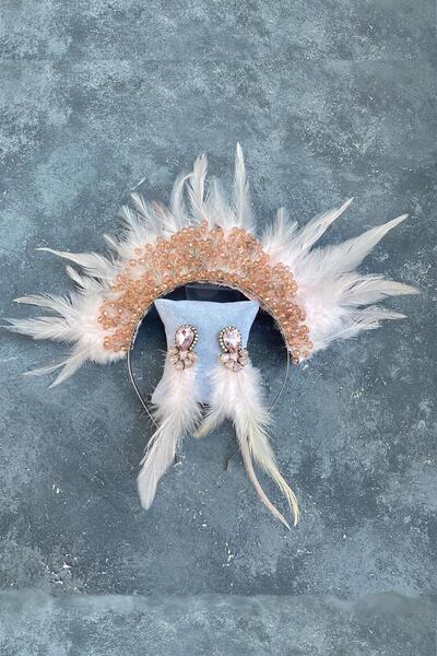 ESPEREST Coroană și cercei de mireasă cu pene de cocoș și mărgele de cristal