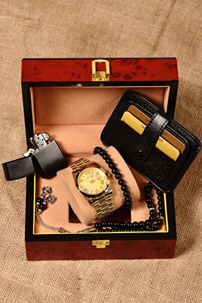 pierrose Kartlık Çakmak Tesbih Bileklik Gold Altın Erkek Saat Seti