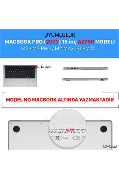 NovStrap حافظة لامعة متوافقة مع جهاز Apple Macbook Pro 2023 M2 16 Inc A2780 + غطاء لوحة مفاتيح شفاف + فيلم