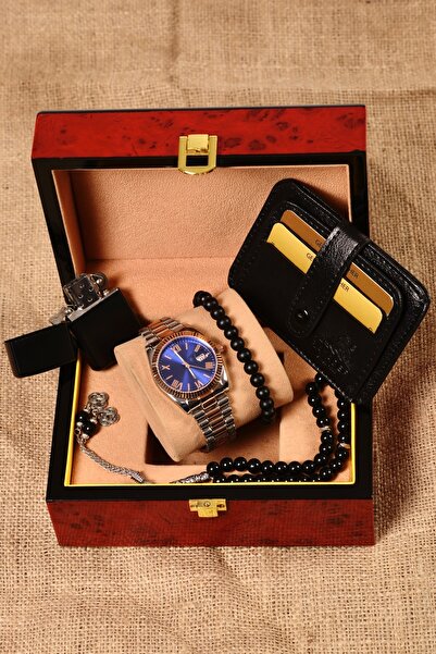 pierrose Kartlık Çakmak Tesbih Bileklik Gümüş Rose Erkek Saat Seti