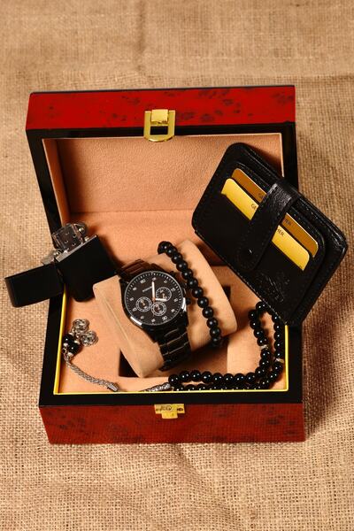 pierrose Kartlık Çakmak Tesbih Bileklik Siyah Çelik Erkek Saat Seti