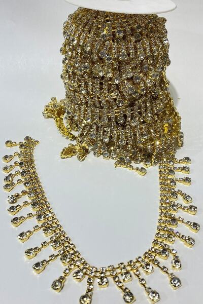 ESPEREST Gold Taşlı Püsküllü Aksesuar Şerit Taş Aplik 1 Mt