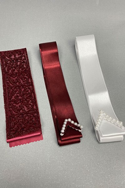 ESPEREST Bordo Beyaz Takı Kurdele Seti Ve Gelin Bel Kuşağı