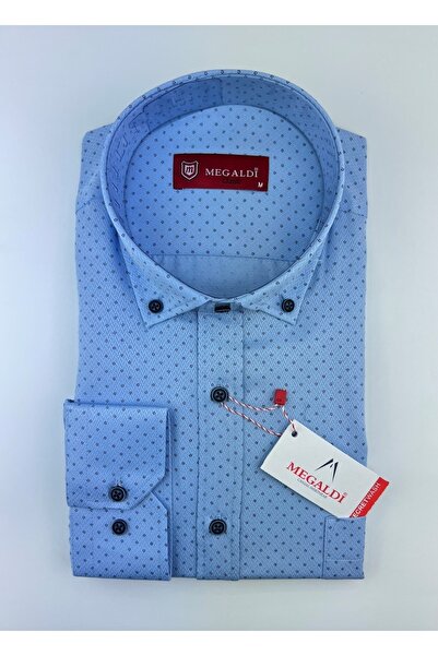 MEGALDİ Erkek Klasik Kesim Geometrik Desenli Mavi Gömlek