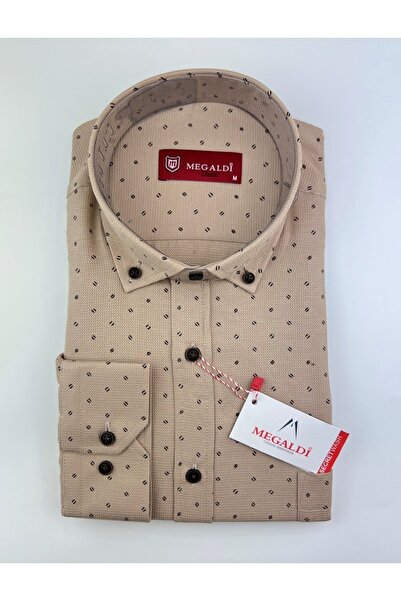 MEGALDİ Erkek Klasik Kesim Geometrik Desenli Bej Gömlek
