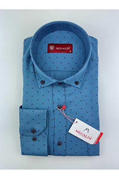 MEGALDİ Erkek Klasik Kesim Geometrik Desenli Petrol Mavisi Gömlek