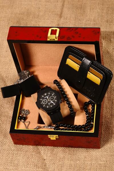 pierrose Kartlık Çakmak Tesbih Bileklik Siyah Silikon Erkek Saat Seti