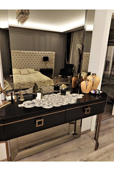 CAMİNHO DA LUA Damla 5 Parça Lüks Runner Salon Oda Sehpa Masa Örtü Takımı Fransız Güpürlü Çeyizlik Set Kapiçino