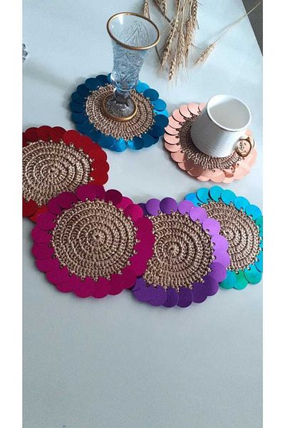 BÜŞRA Handmade Sequined Coffee Side Presentation Pecete Pack of 6