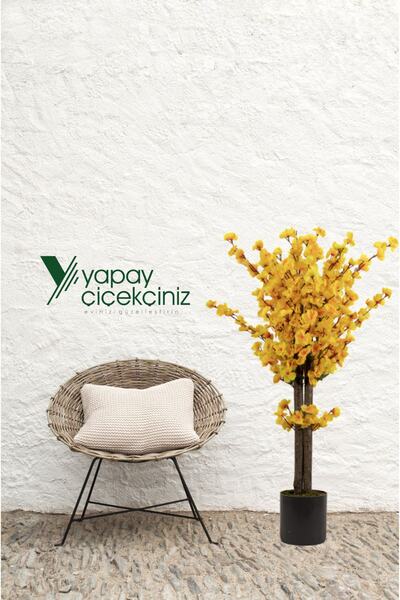 YAPAY ÇİÇEKÇİNİZ Gri Saksıda 100 Cm Sarı Bahardalı