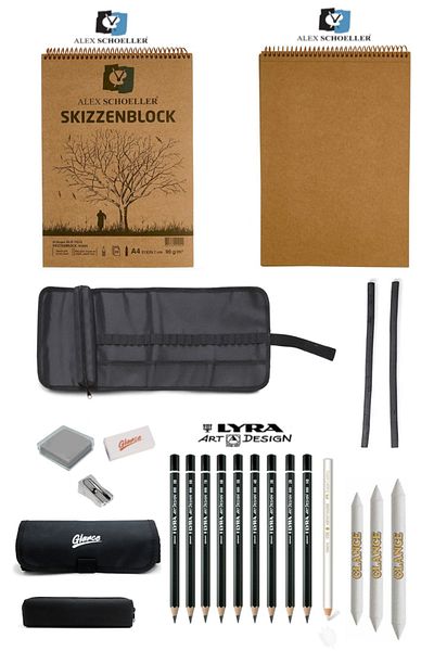 GLANCE Alex Kraft Spiral Block 90gr A4 50 Yp Lyra Graduated Pencil Professional Sketch Set with Charcoal Bag