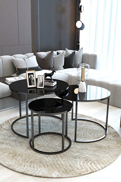 FAYMEND Giant Lüks 3'lü Orta Sehpa Modern Siyah, Temperli Siyah Cam