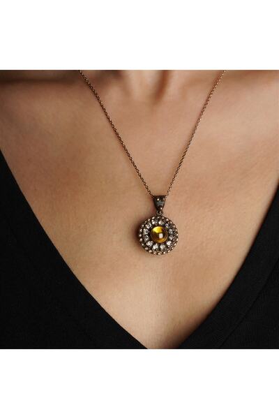 Galatelier Sarı Akik Taşlı Markazitli Oval Formlu Gümüş Kadın Kolye