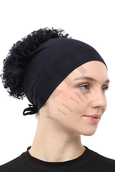 Naymila Kadın Lüks Fırfırlı Bone Lacivert Likralı Kaymaz Günlük Tesettür Bone...