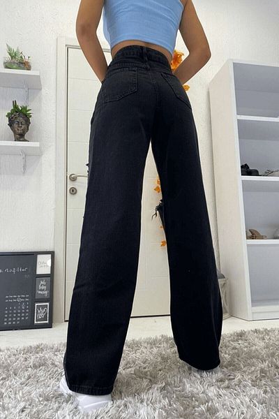 Trn JNS My Love 90&#39;s Pantaloni largi din lycra neagră ruptă cu talie super înaltă. (super sus.)