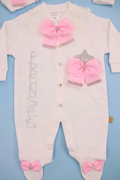 AMORE White 3-Piece Baby Rompers Set with Pink Ribbon and Stone Embroidery
