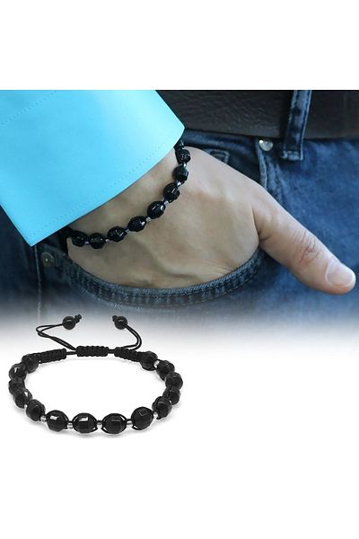 Tesbihane Macrame Braided Facet Cut Onyx Natural Stone Men's Bracelet