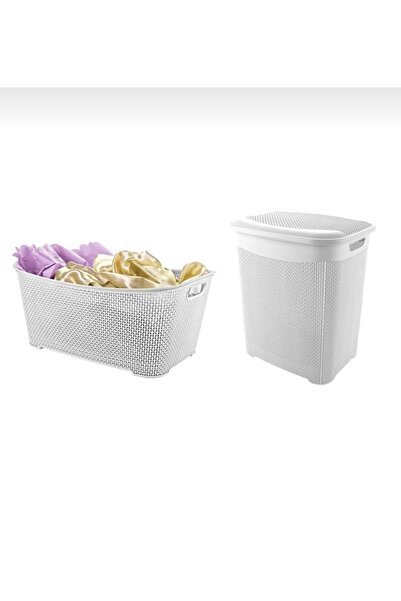 Blueeslife Beyaz Plastik Damla Kirli Çamaşır Sepeti 2'li Set