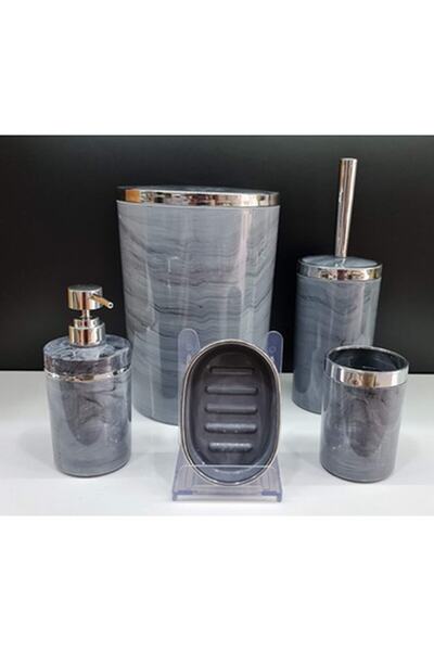 GuvenliPazar 5 Parça Akrilik Yuvarlak Banyo Seti Antrasit Gri Mermer Gümüş Kr...