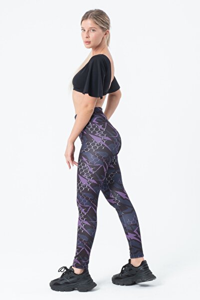 vawensea Women's High Waist Recovery Geometric Patterned Sports Leggings Purple (LARGE SIZE)