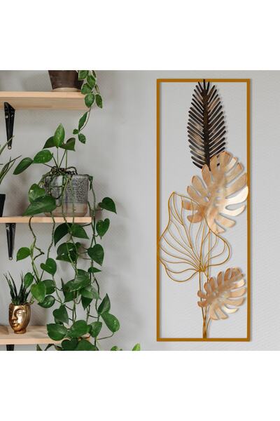 MOS'EV Metal Yaprak Gold Siyah Krem Ofis Ev Duvar Süsü 32x90cm