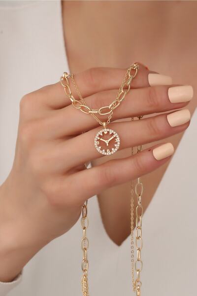 FAZİİİ Saat Figürlü 2 Sıralı Gold Renk Kolye 1453133