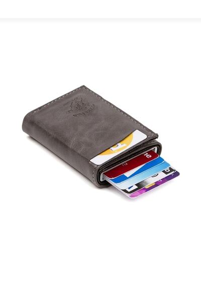 Newish Polo Unisex Gray Leather Mechanism Automatic Slide Card Holder Wallet with 8 Card Compartments (7CMX10CM)