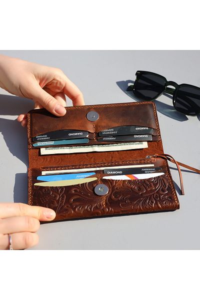 REON CRAFT Patterned Handmade Genuine Leather Wallet with Phone Housing Dark Brown