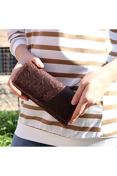 REON CRAFT Patterned Handmade Genuine Leather Wallet with Phone Housing Dark Brown