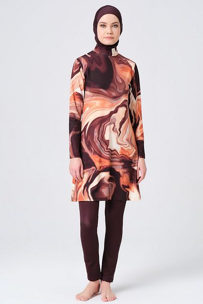 ALFASA Patterned Stand Collar Hijab Swimsuit