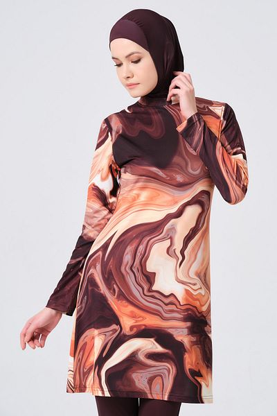 ALFASA Patterned Stand Collar Hijab Swimsuit