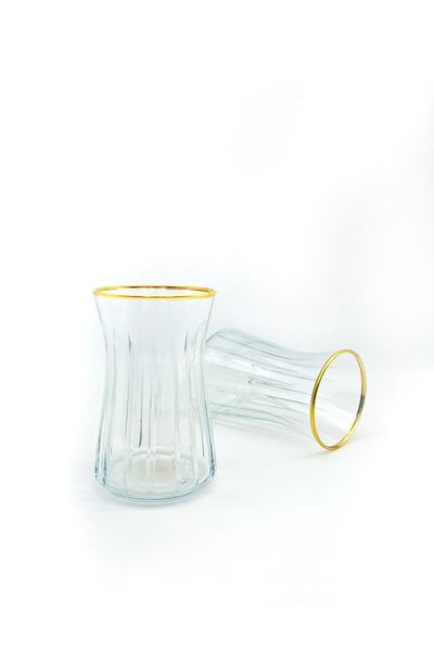 ÖzcamKristal 6 Adet Dik Kesme Dekorlu Altın Yaldızlı Heybeli Bardak