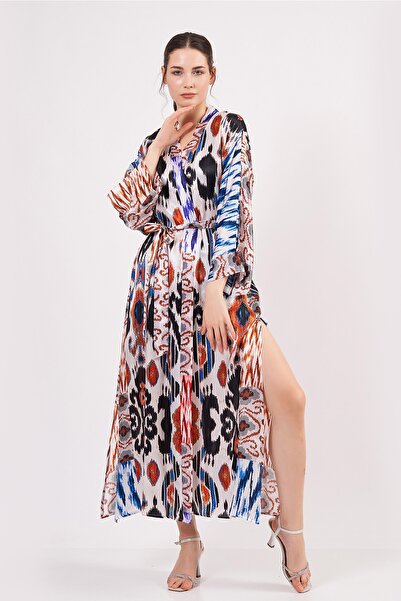 Nomads Felt İpek Uzun Kimono Kaftan | Ikat Desen 9 | Nomads Felt