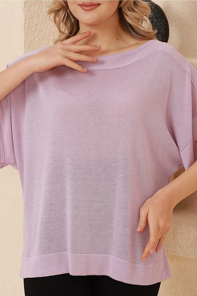 VEGENZE Γυναικεία Λιλά Βάρκα Λαιμόκοψη Oversize Λεπτή Πλεκτή Μπλούζα