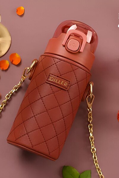 DILLER 450ml Pipetli Deri Kılıflı Taşıma Askılı Deri Kılıflı Çelik Matara 6 Saat Sıcak/soğuk