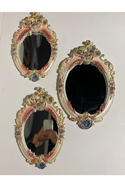 Peramari Dekoratif Polyester Üçlü Ayna Takımı Krem-mavi-pembe-altın Eskitme