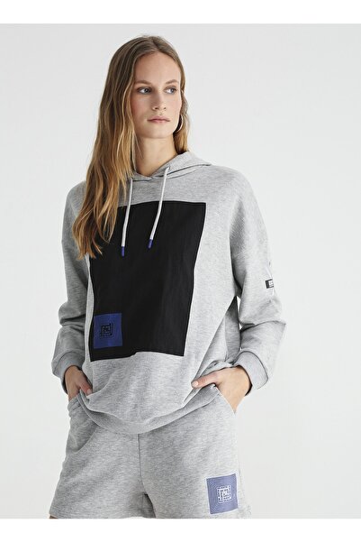 Black On Black Kapüşon Yaka Baskılı Gri Kadın Sweatshırt K-KALIS Beden: XS