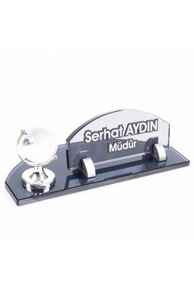 Ofistike Dünya Biblolu Gümüş Kabartma Yazılı Füme Kristal Ofis Masa Isimliği